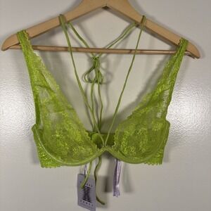Savage X Fenty Lime Green Caged Lace Tie Up Bra size 32DD NWT Underwire Unlined